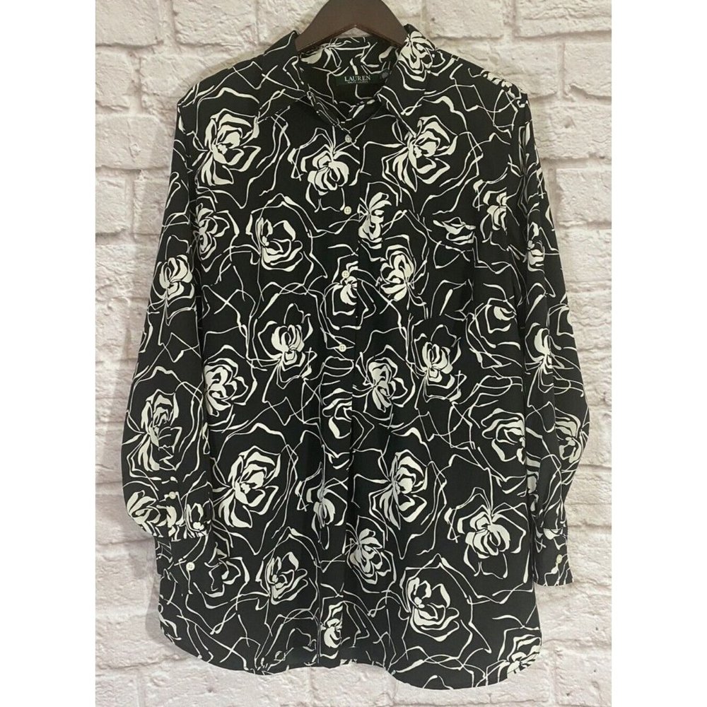 LRL Ralph Lauren 2X Black White Floral‎ Print Long Sleeve Tunic Blouse Top 9295